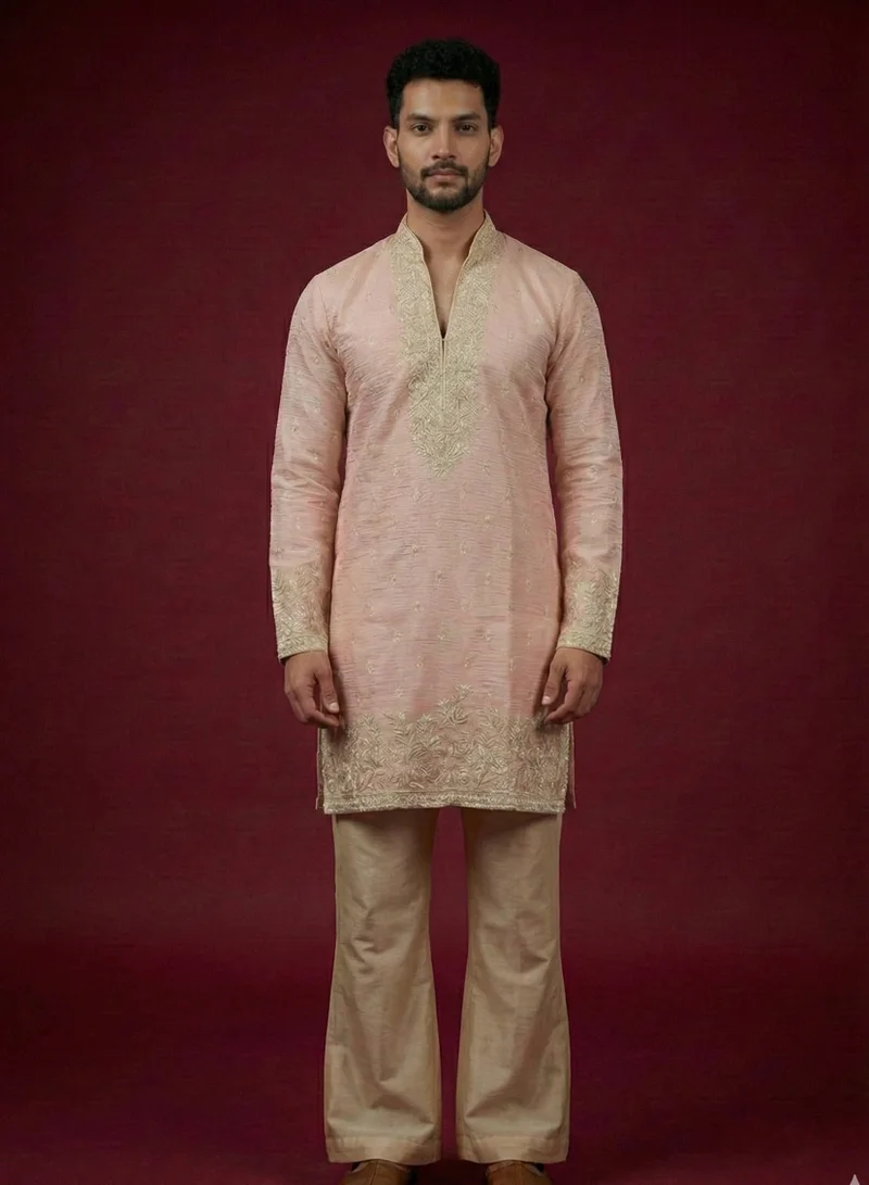 Lehar Men's Pastel Pink Silk Blend Kurta Set with Elegant Tonal Zari Embroidery